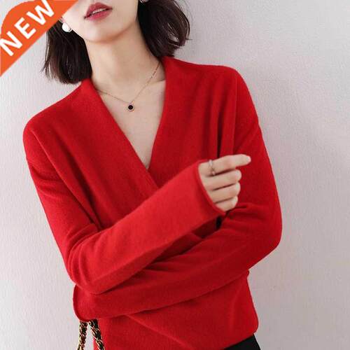 Hot Sale 100% Pure Wool Knitted Sweaters Women V-neck Long S