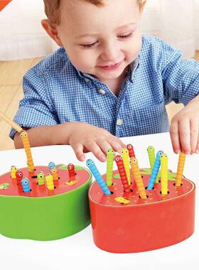 Baby Montessori Wooden Toys Magnetic Catch Worms 3D Puzzle