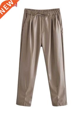 Tangada 2021 Women Faux Leather Pants Cargo Strethy Waist Pa