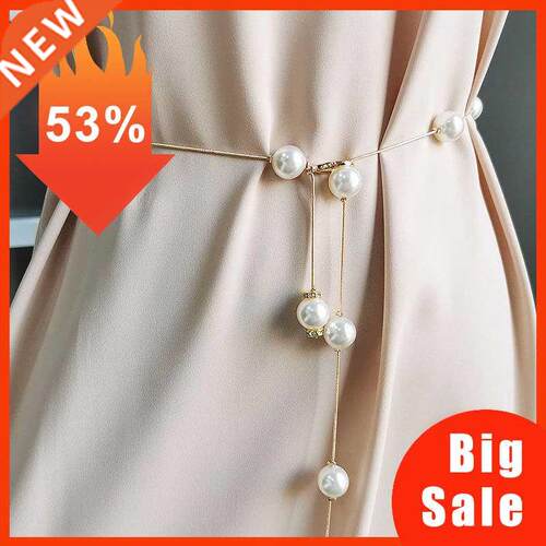 Elegant Pearl Women's Belt Simple Adjustable Metal Thin Chai