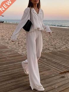 Solid Women's Pleated Shirt Trousers Set Loose High Waist Wi