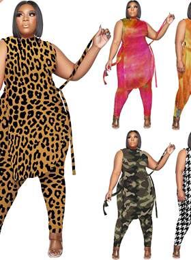 大码肥婆显瘦豹纹扎染两件套装女Plus-size fat MM African suit