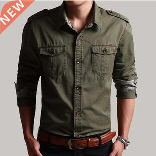 New 100% Cotton Military Shirt With Epaulette Men Long Sleev