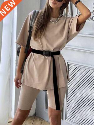 Simplee Casual Solid Outfits Women's Two Piece Suit with Bel