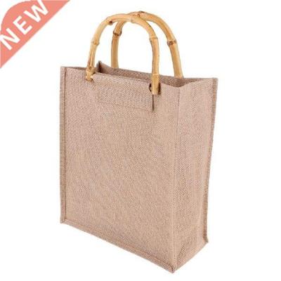 Vintage Eco-friendly Burlap Linen Shopping Bag With Bamboo