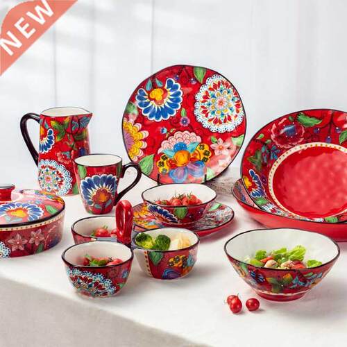 Red hand-painted ceramic tableware set Western plate