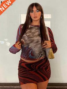 Kliou Striped Two Piece Set Women Hipster Y2K Print T-shirt+