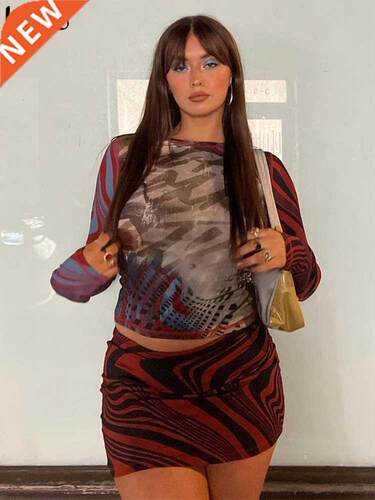 Kliou Striped Two Piece Set Women Hipster Y2K Print T-shirt+