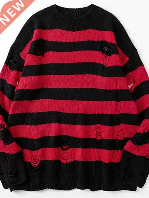 Striped Sweaters Women Punk Unisex Sweater Autumn Hollow Out