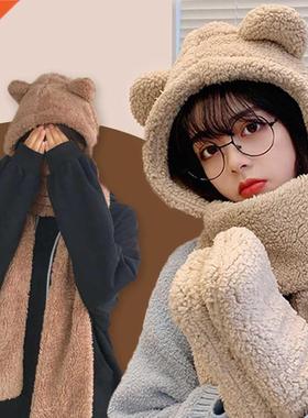 Cute Bear Ear Hat Scarf Gloves Set Winter Women Novelty Caps