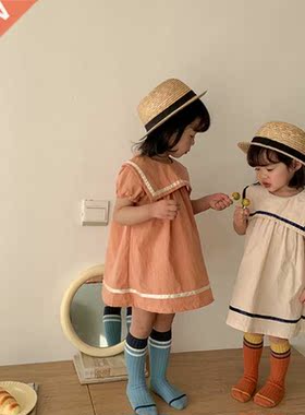 2022 New Summer Kids Girls Dress Sailor Coll Short Puff Sl