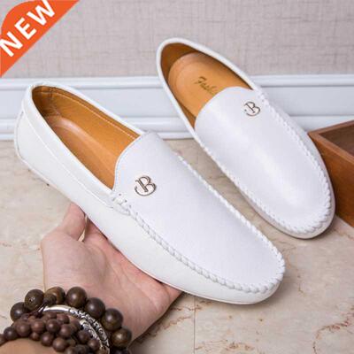 Mens Loafers Leather White Casual Car Driving Shoes PU Men F