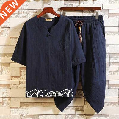 Summer Japanese Style Clothing Set Samurai Man T-shirt Trous