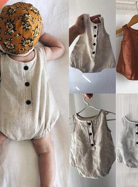 Newborn Baby Girl Boy Solid Cotton Linen Romper Jumpsuit Out