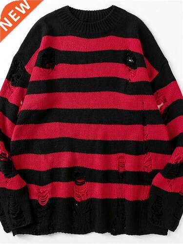 Striped Sweaters Women Punk Unisex Sweater Autumn Hollow Out