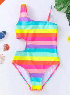 2022 Girls Swimsuit One Piece Striped Cut-out Swimwear 3-10y