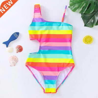 2022 Girls Swimsuit One Piece Striped Cut-out Swimwear 3-10y
