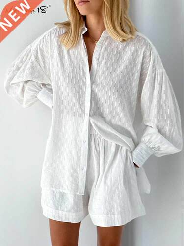 Mnealways18 White Elegant Jacquard Fabric Soft Vacation Suit