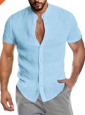 Summer Casual Cotton Linen Men Slim Shirts V-neck Long Sleev