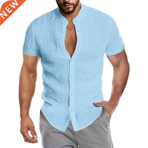 Summer Casual Cotton Linen Men Slim Shirts V-neck Long Sleev