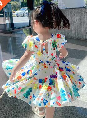 Summer Girls' Dress 2022 New Puff Sleeve Casual Cartoon Part