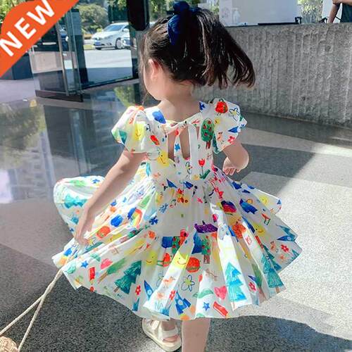 Summer Girls' Dress 2022 New Puff Sleeve Casual Cartoon Part