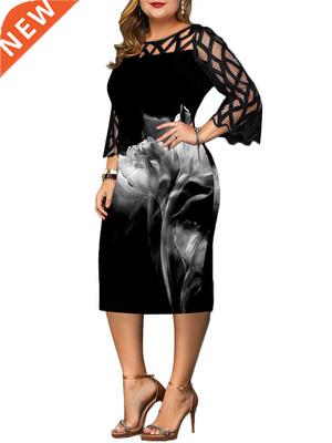 Plus Size Dress 4XL 5XL 6XL Black Lace Me Patchwork Flower