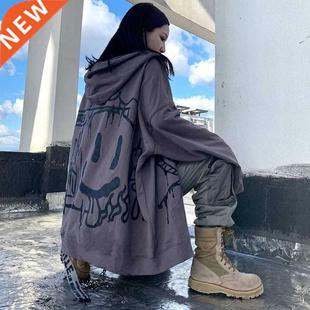 Emo Gothic Hoodie Women Korean Anime Print Long Sleeve Zip U