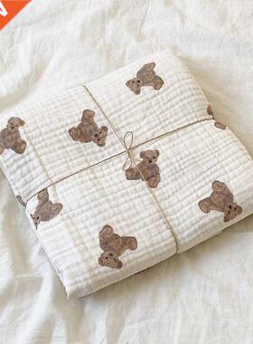 Bear Print Baby Blankets Newborn Muslin Cotton Gauze Swaddle