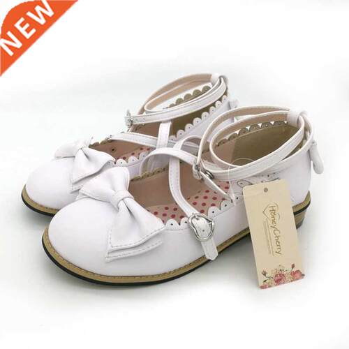 Lolita shoes women flats low round with cross straps bow cut