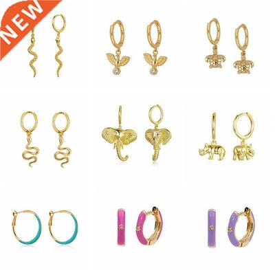 925 Sterling Silver Needle Enamel Circle Animals Hoop Earrin