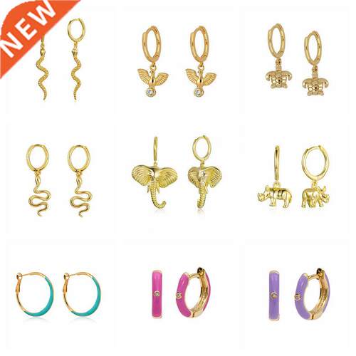 925 Sterling Silver Needle Enamel Circle Animals Hoop Earrin