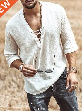 Men's Faion Hippie Linen irt Casual Middle Sleeve V Neck