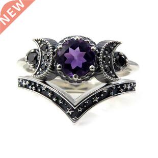 Hecate Triple Moon Ring Set Amethyst or Red Crystal Wedding