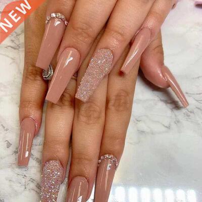 Nude Nails Press on Rhinestone XL Length Coffin Fake Nail Ti