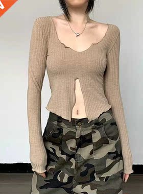 Long Sleeve Ribbed Cut Out Slim Women Knitted Shirt Casual