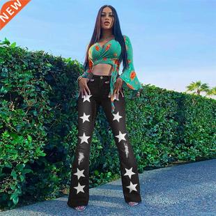 S-3xl Large size les printed ripped denim bell bottoms