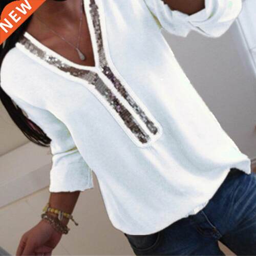 Faion Women Ladies Long Sleeve Loose Blouse Summer V-Neck
