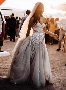 Sheer Lace D Flowers Applique Wedding Dresses Strapless Spl