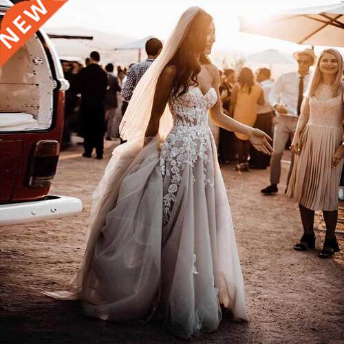 Sheer Lace D Flowers Applique Wedding Dresses Strapless Spl