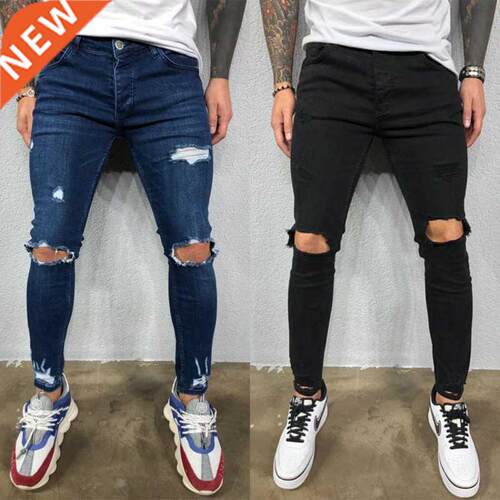 Mens Jeans Black Blue Cool Skinny Ripped Stch Slim Elastic D