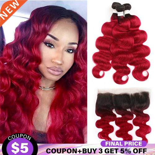1B/Burgundy Brazilian Body Wave Human Hair Bundles With Fron