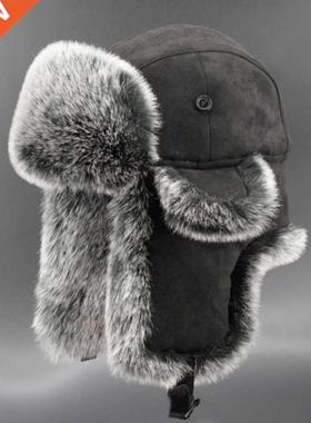 Vintage Suede Bomber Hats Winter Men's Trapper Hat Faux Fox