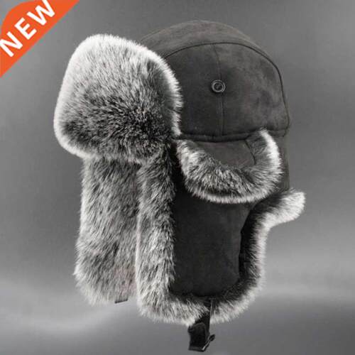 Vintage Suede Bomber Hats Winter Men's Trapper Hat Faux Fox