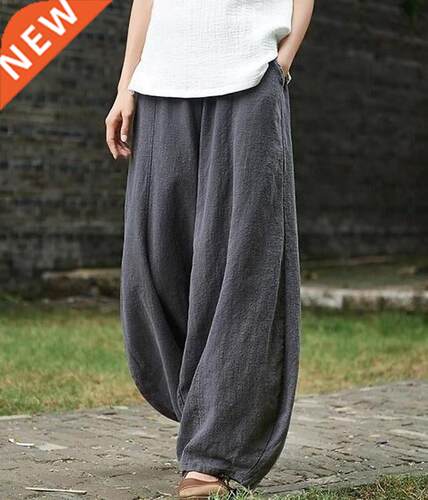 2022 Cotton Linen Style Bloomers Wide Leg Pants Women Vintag