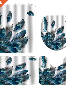 4 Pcs Peacock Feathers Waterproof Bathroom Shower Curtain To
