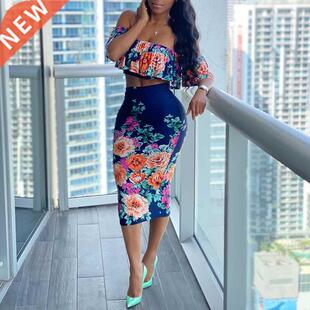 2021 New Summe Women Casual Two iece Dess Off Shoul Sh