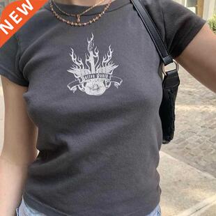 Vintage Graphic Print T Shirt Women Streetwear Round Neck Sh