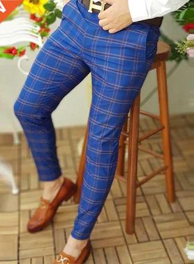 Spring 2022 Men Pants Business Slim Fit Beltless Plaid Strip