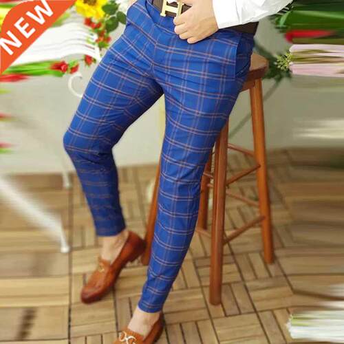 Spring 2022 Men Pants Business Slim Fit Beltless Plaid Strip
